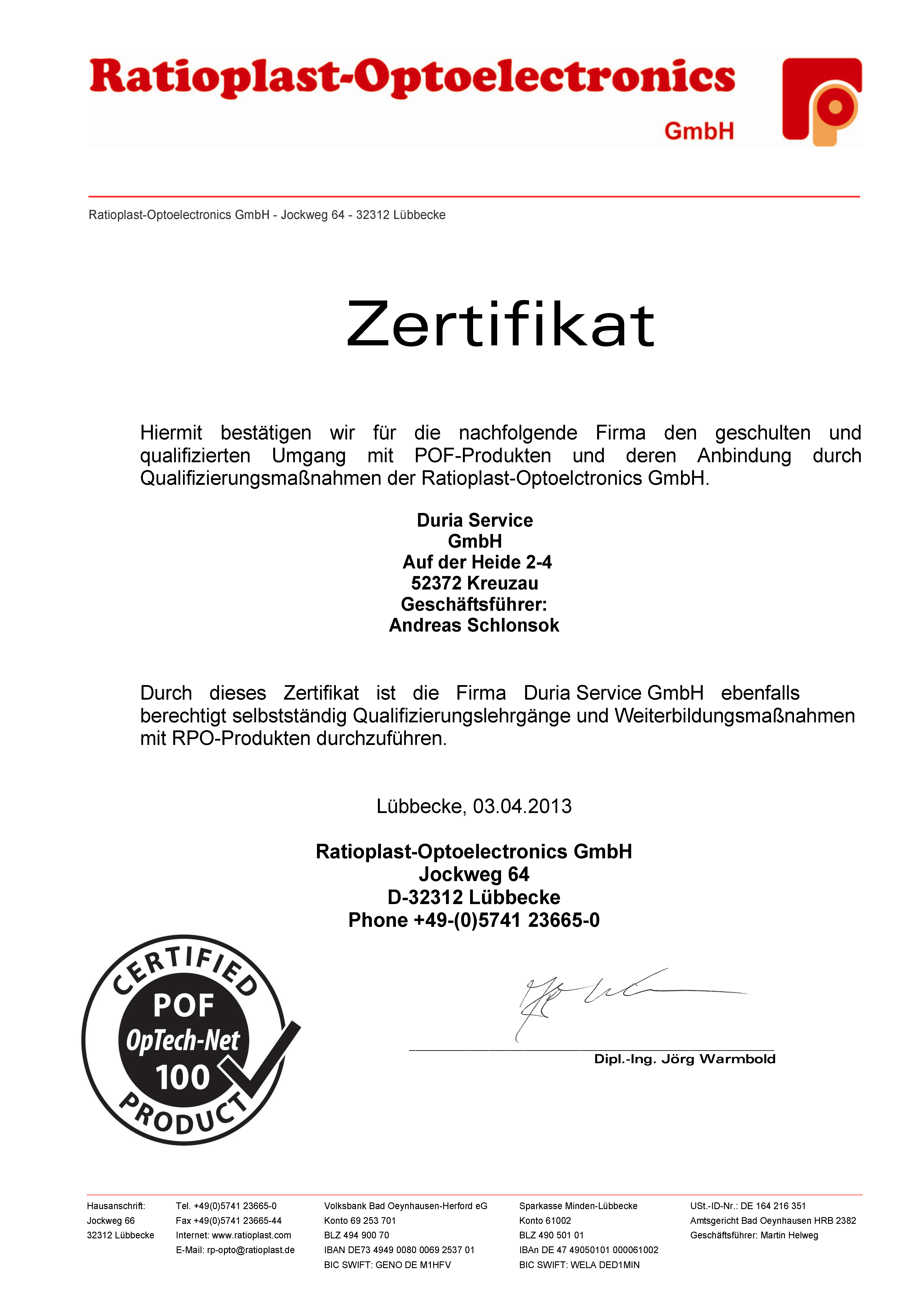 POF-Zertifikat für Duria Service