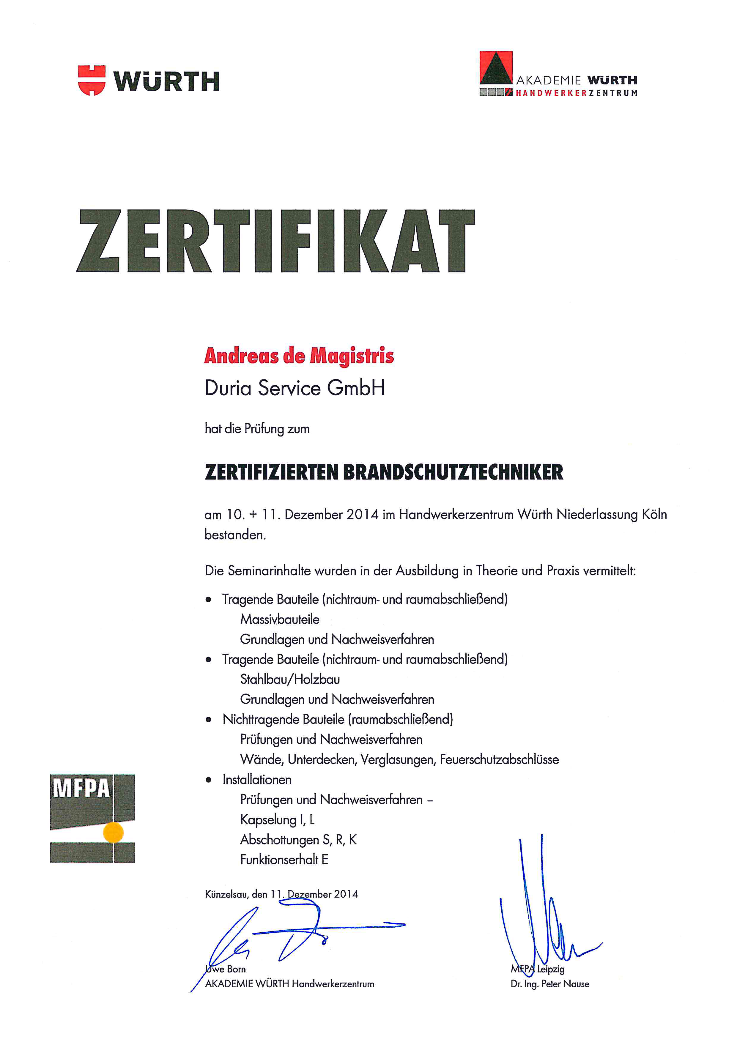 Zertifikat Wrth Brandschutztechniker